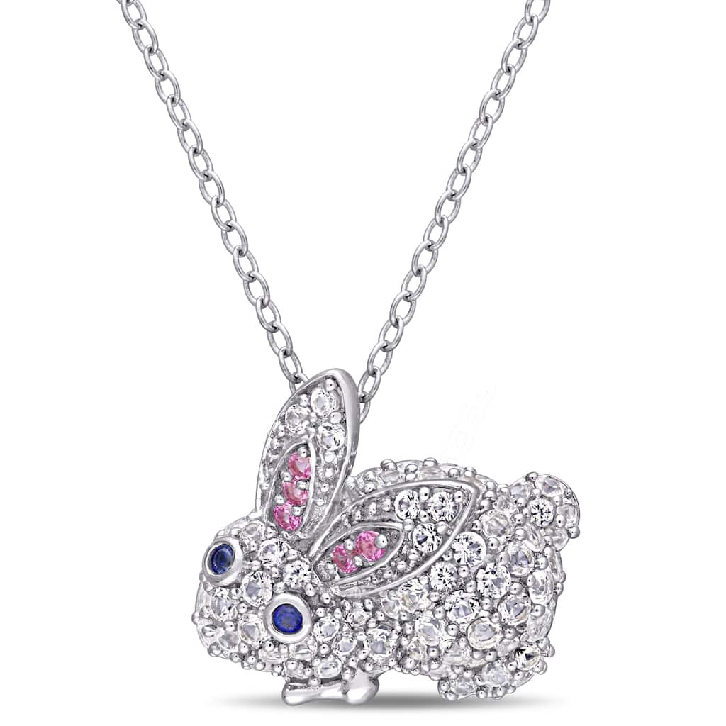 Miadora Sterling Silver Created Pink and Blue and White Sapphire Bunny Rabbit Necklace