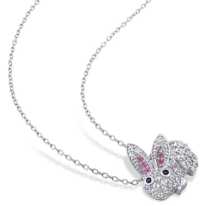 Miadora Sterling Silver Created Pink and Blue and White Sapphire Bunny Rabbit Necklace