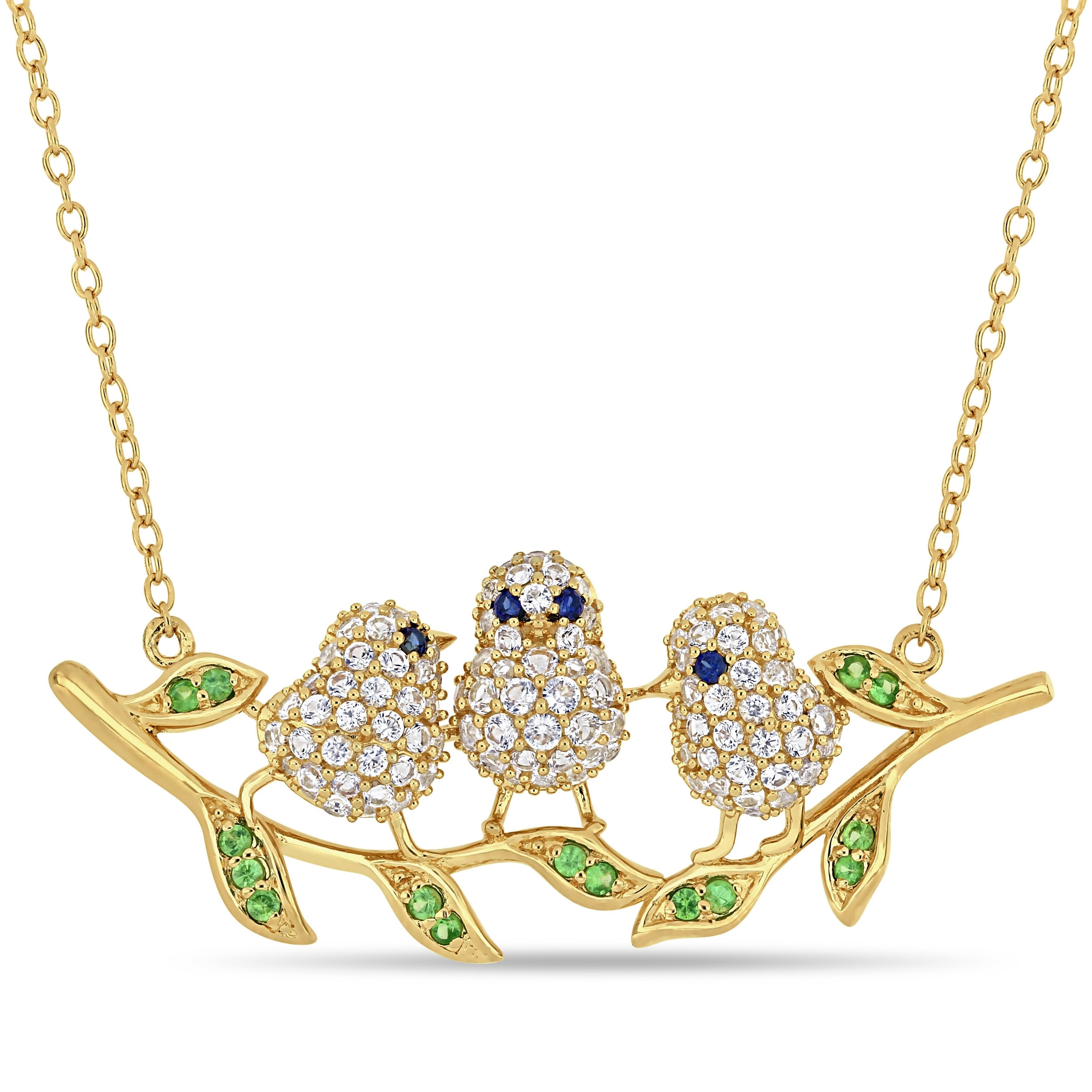 Miadora Yellow Plated Sterling Silver with Black Rhodium Multi-Gemstone 3-Bird Branch Necklace