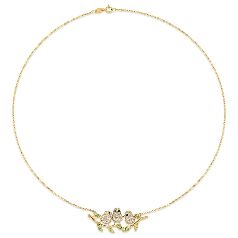Miadora Yellow Plated Sterling Silver with Black Rhodium Multi-Gemstone 3-Bird Branch Necklace