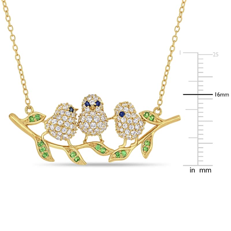 Miadora Yellow Plated Sterling Silver with Black Rhodium Multi-Gemstone 3-Bird Branch Necklace