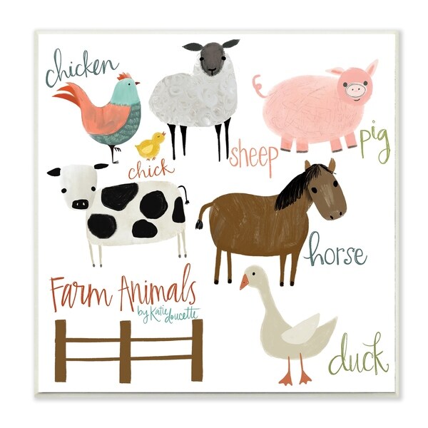 The Kids Room By Stupell Cow Pig Sheep Horse Chicken and Duck Farm Wood Wall Art, 12x12, Proudly Made in USA