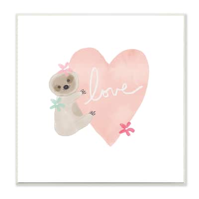 Stupell Sloth Love Hugging a Pink Heart with Flowers Wood Wall Art, 12x12, Proudly Made in USA - Multi-color - 12 x 12