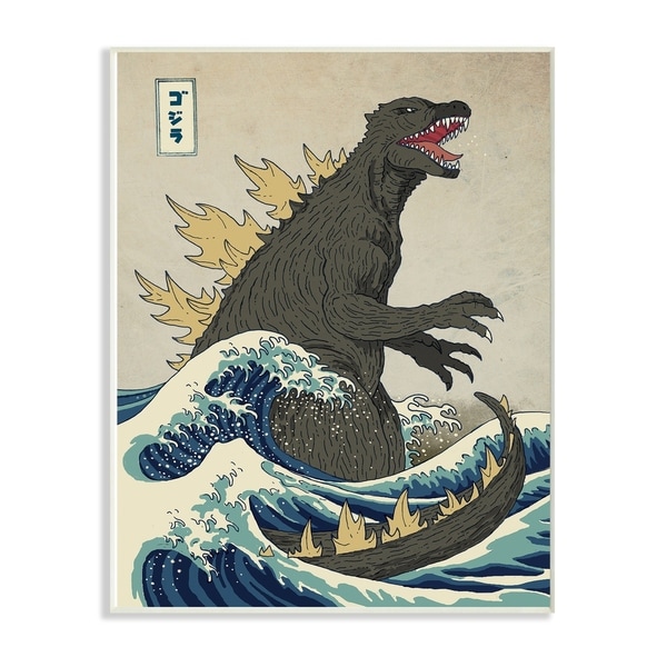 The Stupell Home Decor Collection Godzilla in the Waves Eastern Poster Style Wood Wall Art, 10x15, Proudly Made in USA
