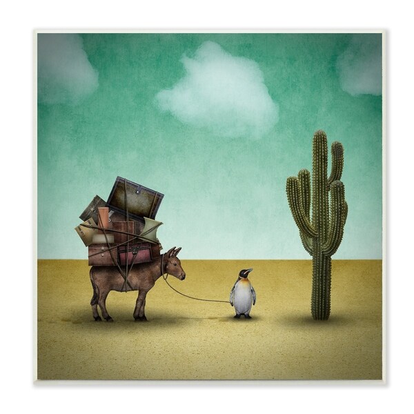 The Stupell Home Decor Collection Penguin Traveling w. A Donkey Wood Wall Art, 12x12, Proudly Made in USA