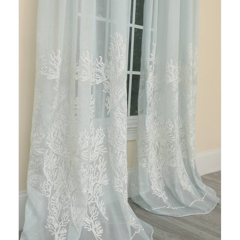 Manor Luxe Vivid Ocean Coral Embroidered Semi Sheer Single Curtain Panel