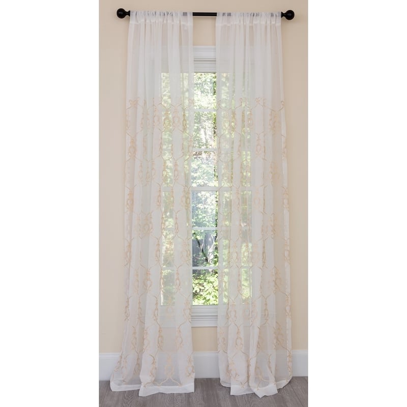 Manor Luxe Mohini Embroidered Sheer Rod Pocket Single Curtain Panel - Gold/White - 54 x 108 - 108 Inches