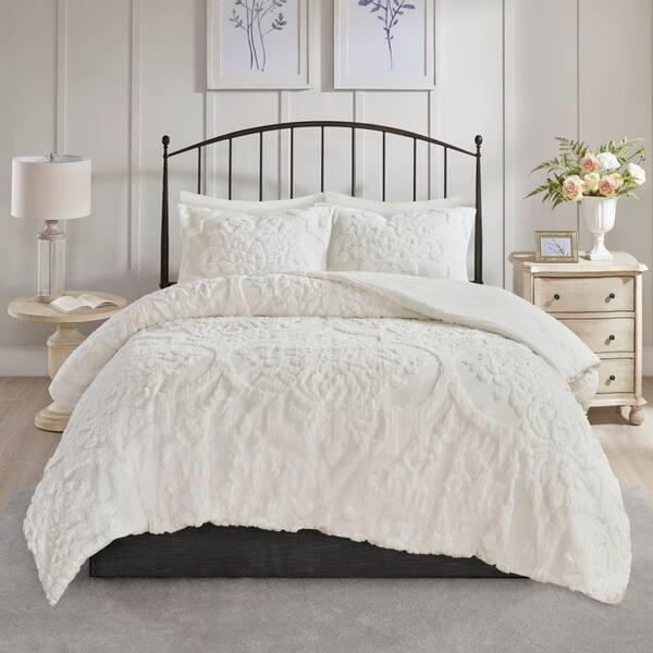 slide 1 of 9, Madison Park Aeriela White 3 Piece Full/Queen Size Cotton Chenille Damask Comforter Set (As Is Item)