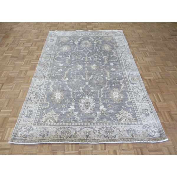 Hand Knotted Gray Turkish Bamboo Silk Oushak with Bamboo Silk Oriental Rug (5'10" x 8'9") - 5'10" x 8'9"