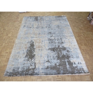 Hand Knotted Gray Modern with Bamboo Silk Oriental Rug (9'2" x 12'3") - 9'2" x 12'3"