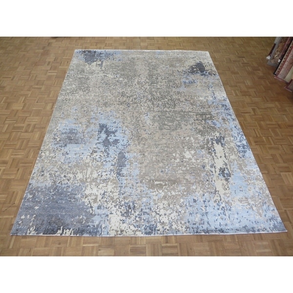 Hand Knotted Gray Modern with Wool & Silk Oriental Rug (9'1" x 12'2") - 9'1" x 12'2"