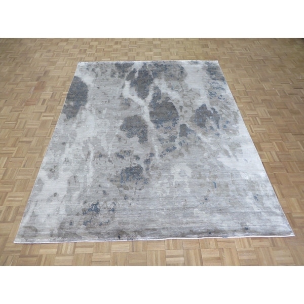 Hand Knotted Gray Modern with Wool & Silk Oriental Rug (8' x 10'3") - 8' x 10'3"
