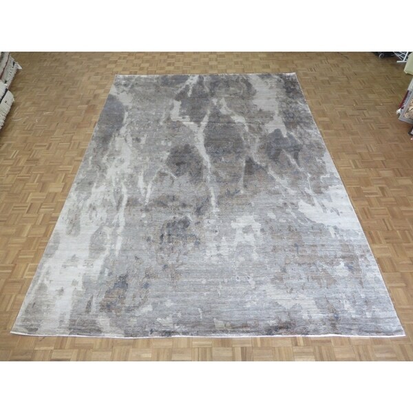Hand Knotted Gray Modern with Wool & Silk Oriental Rug (10'1" x 14'2") - 10'1" x 14'2"