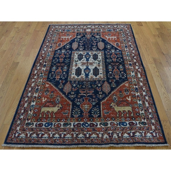 Hand Knotted Red Oushak And Peshawar with Wool Oriental Rug (4'2" x 6'1") - 4'2" x 6'1"