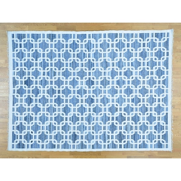 Hand Knotted Blue Flat Weave with Wool Oriental Rug (9' x 12') - 9' x 12'