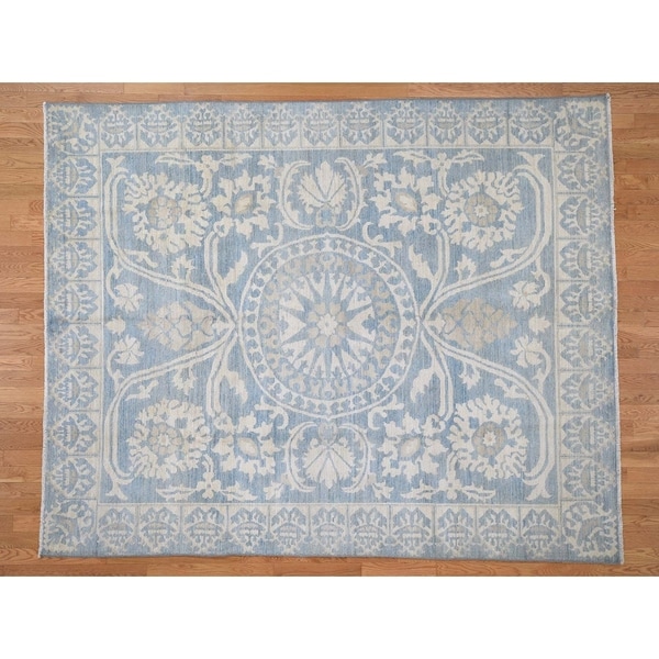 Hand Knotted Blue Oushak And Peshawar with Wool Oriental Rug (8' x 10') - 8' x 10'