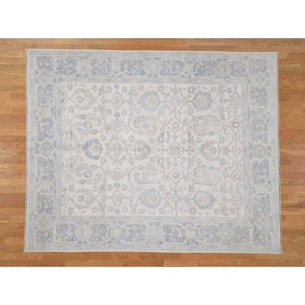Hand Knotted Ivory White Wash Vintage & Silver Wash with Wool Oriental Rug (7'9" x 9'8") - 7'9" x 9'8"