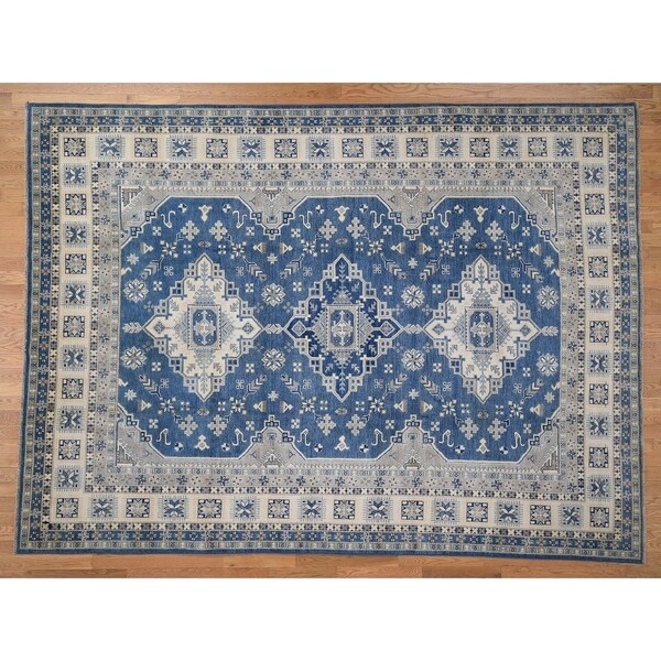 Hand Knotted Blue Kazak with Wool Oriental Rug (9'1" x 12'2") - 9'1" x 12'2"