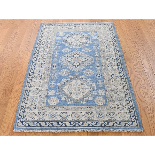 Hand Knotted Blue Kazak with Wool Oriental Rug (3'3" x 5'5") - 3'3" x 5'5"