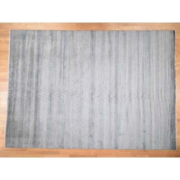 Hand Knotted Grey Modern & Contemporary with Wool & Silk Oriental Rug (9' x 12'5") - 9' x 12'5"