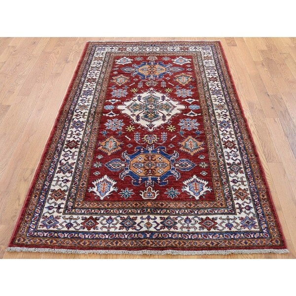 Hand Knotted Red Kazak with Wool Oriental Rug (4' x 6'2") - 4' x 6'2"
