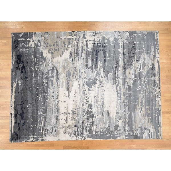 Hand Knotted Grey Wool and Silk with Wool & Silk Oriental Rug (9'1" x 12'1") - 9'1" x 12'1"