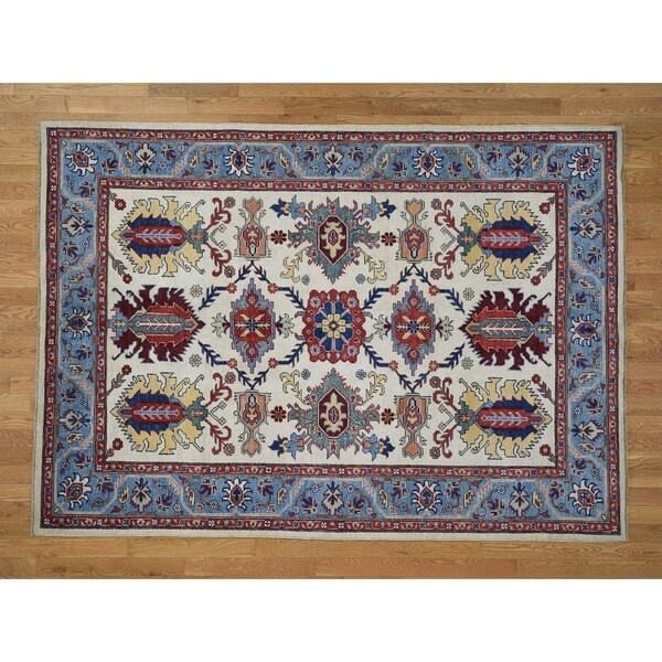 Hand Knotted Ivory Kazak with Wool Oriental Rug (6'5" x 9') - 6'5" x 9'