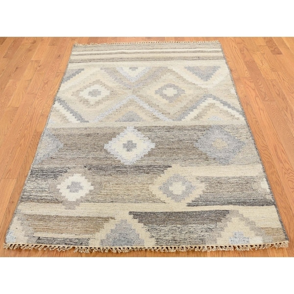 Hand Knotted Grey Flat Weave with Wool Oriental Rug (4' x 6') - 4' x 6'