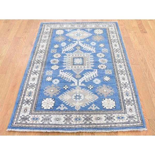 Hand Knotted Blue Kazak with Wool Oriental Rug (3'5" x 5'1") - 3'5" x 5'1"
