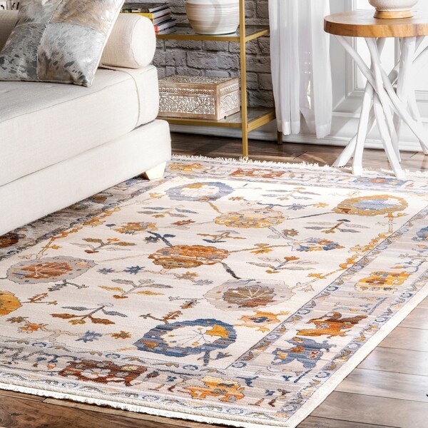 nuLOOM Ivory Bohemian Tribal Siksika Geometric Abstract Print Fringe Border Area Rug