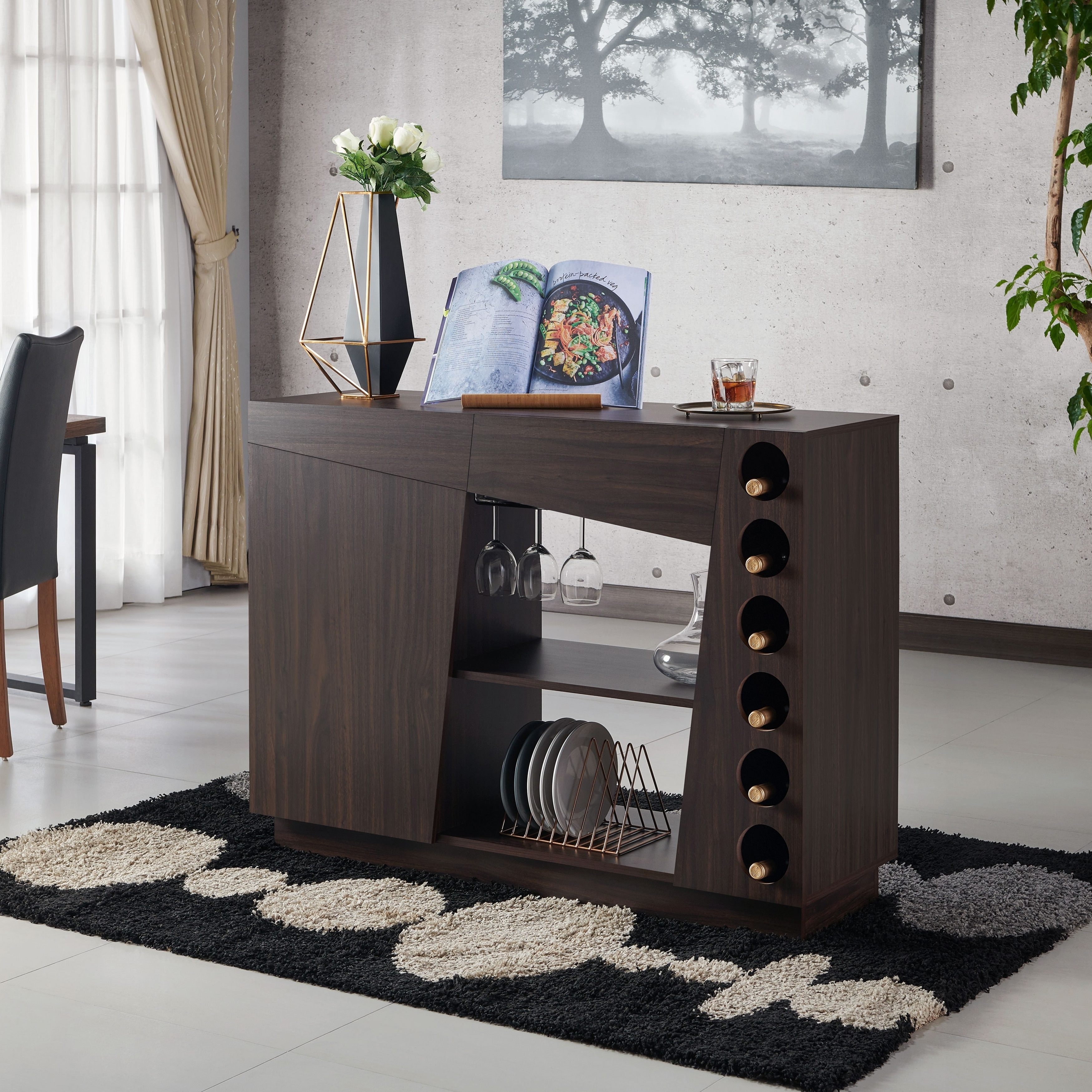 Major Q Modern Espresso Finish Wooden Wine Rack Cabinet Server Console Table With Shelves Buffets Sideboards