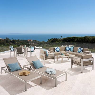 Cape Coral Outdoor Dining Set + Sectional Sofa Set + Club Chairs + 2 Chaise Lounges + Coffee Table by Christopher Knight Home