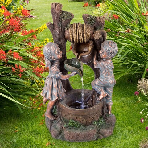 Pure Garden Children at the Well Outdoor Water Fall with LED Lights