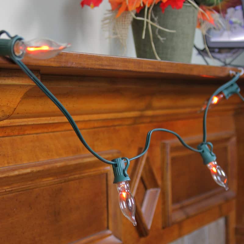 Set of 10 Flickering Amber Flame C7 Halloween Lights - 9' Green Wire