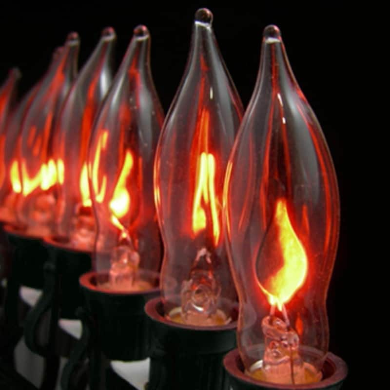 Set of 10 Flickering Amber Flame C7 Halloween Lights - 9' Green Wire