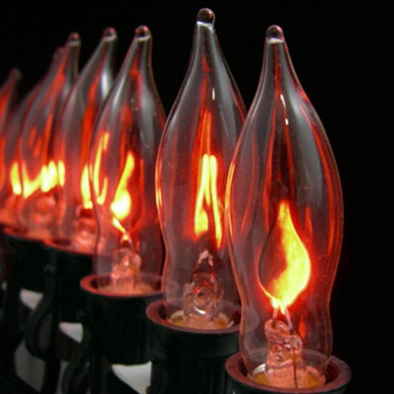 10 Flickering Amber Flame C7 Halloween Lights - 9 ft Black Wire - On ...