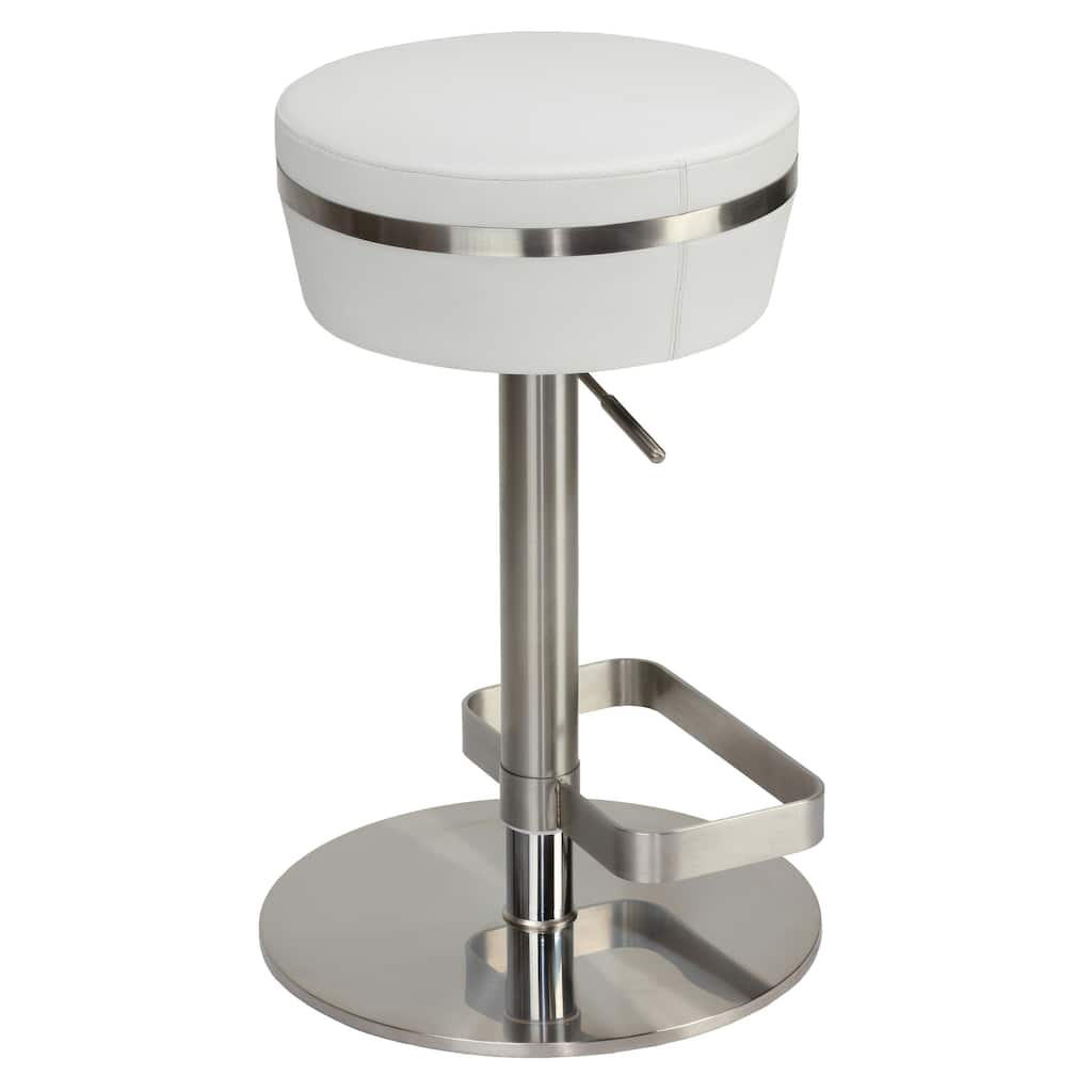 Cortesi Home Athena Premium Adjustable Backless Round Barstool in Brushed Stainless Steel with Heavy Solid Base, Snow White