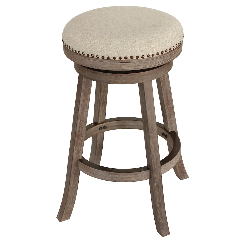 The Gray Barn McNiven Backless Swivel Bar Stool in Solid Oak Wood and Beige Fabric
