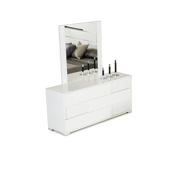 HomeRoots Furniture Italian Modern Decorative Mirror in High Gloss and Crocodile Textured Finish - White
