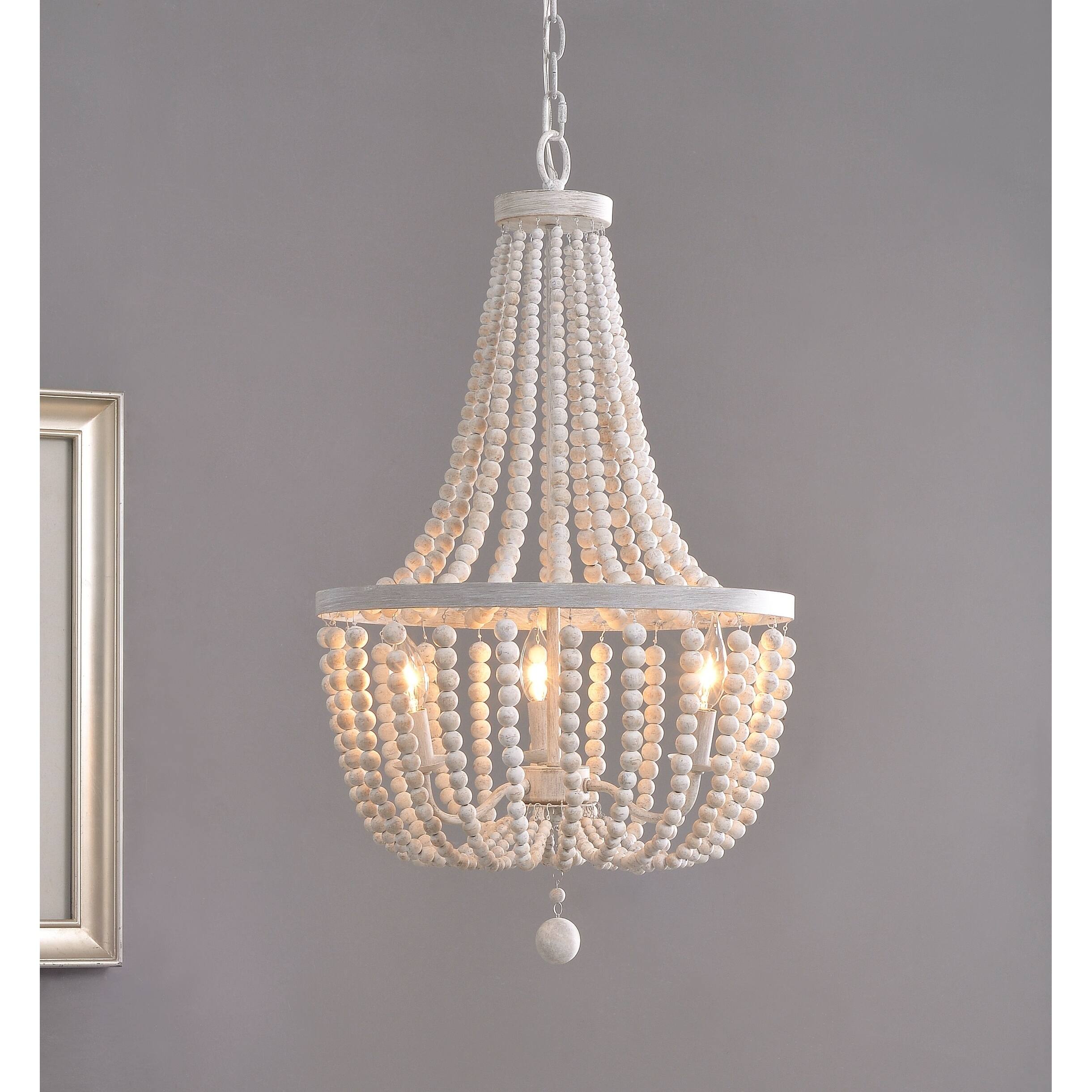 Zander White 3 Light Wood Bead Chandelier - N/A - Chandeliers For Bedrooms by Overstock.com