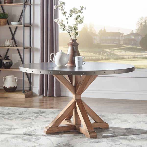 Albee Round Stainless Steel Top Dining Table with Poplar X ...