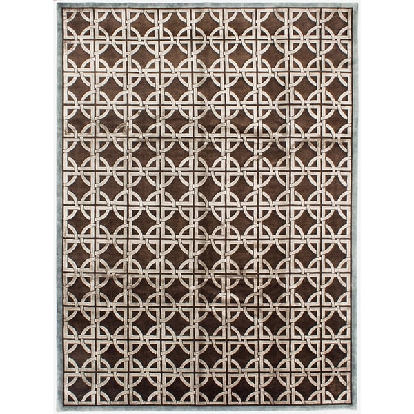 ECARPETGALLERY Hand-knotted Silk Touch Dark Brown Silk, Wool Rug - 8'8 x 11'9
