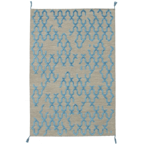 ECARPETGALLERY Flat-weave Kalista Light Khaki, Sky Blue Silk, Wool Kilim - 4'11 x 7'10
