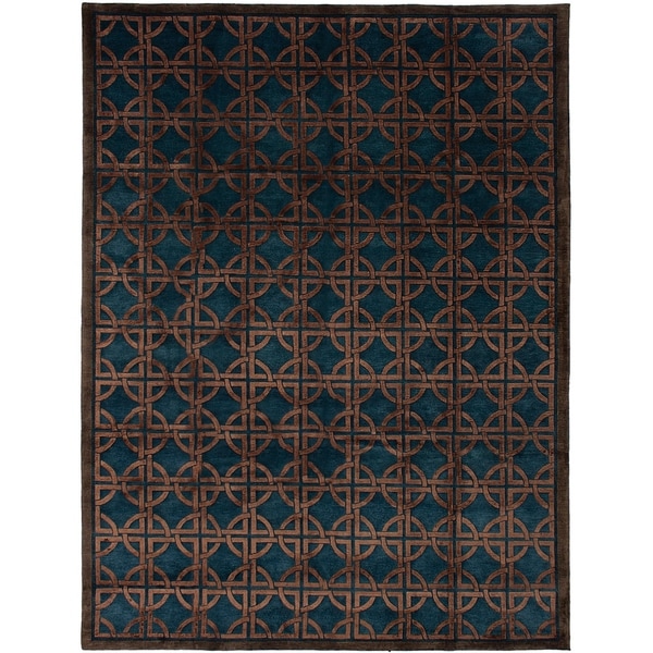 ECARPETGALLERY Hand-knotted Silk Touch Brown, Turquoise Silk, Wool Rug - 8'6 x 11'6