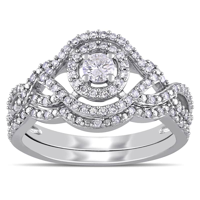 Miadora 1/2ct TDW Diamond Halo Crossover Bridal Ring Set 10k White Gold