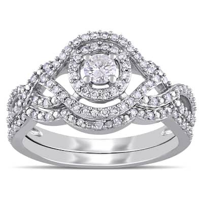 Miadora 1/2ct TDW Diamond Halo Crossover Bridal Ring Set 10k White Gold