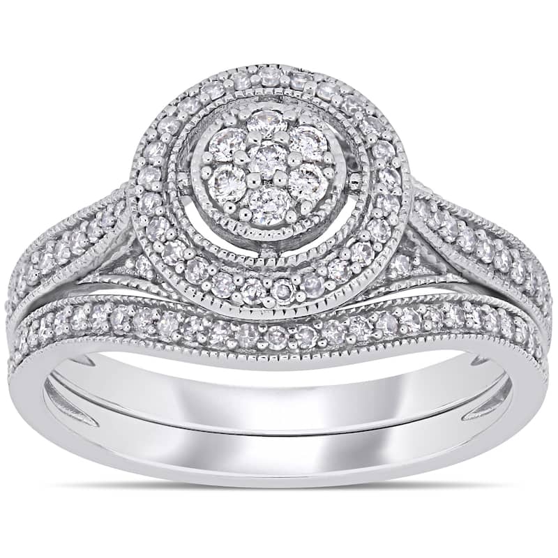 Miadora 10k White Gold 2/5ct TDW Diamond Floral Cluster Halo Bridal Ring Set