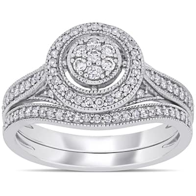 Miadora 10k White Gold 2/5ct TDW Diamond Floral Cluster Halo Bridal Ring Set