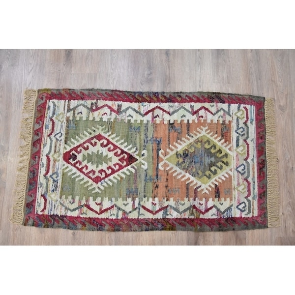 Handmade Kilim Sage Coral Cotton Rug (India) - 8'x10'