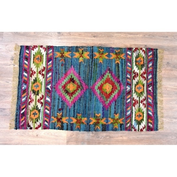 Handmade Kilim Blue Cotton Rug (India) - 5'X8'